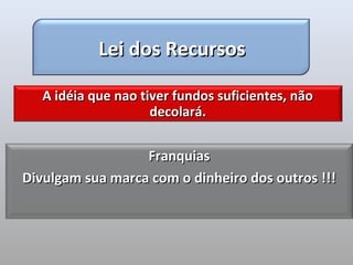 Lei dos Recursos

   A idéia que nao tiver fundos suficientes, não
                     decolará.


                  Franquias
Divulgam sua marca com o dinheiro dos outros !!!
 