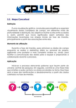 14
3.3. Mapa Conceitual
Definição
É uma visualização gráfica, construída para simplificar e organizar
visualmente dados complexos de campo, em diferentes níveis de
profundidade e abstração. Seu objetivo é ilustrar os elos entre os dados
e, assim, permitir que novos significados sejam extraídos das
informações levantadas nas etapas iniciais da fase de Imersão,
principalmente a partir das associações entre elas.
Momento de utilização
Durante a fase de Imersão, para estruturar os dados de campo
enquanto se realiza o debriefing diário ou semanal do projeto,
agilizando uma posterior e mais completa análise ou, ainda, para
facilitar a comunicação dos dados para a equipe e propiciando a
colaboração durante o processo.
Aplicação
Inicia-se o processo elencando palavras que façam parte do
universo central da pesquisa. Em seguida, constrói-se uma frase-mãe
que sintetiza a ação central e os atores envolvidos no tema. Essa frase
será a base das ramificações e desdobramentos a partir dos dados
coletados na fase de Imersão.
 