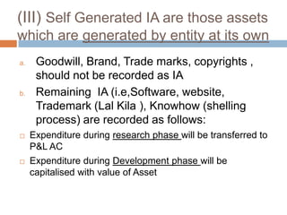 (III) Self Generated IA are those assets
which are generated by entity at its own
a. Goodwill, Brand, Trade marks, copyrights ,
should not be recorded as IA
b. Remaining IA (i.e,Software, website,
Trademark (Lal Kila ), Knowhow (shelling
process) are recorded as follows:
 Expenditure during research phase will be transferred to
P&L AC
 Expenditure during Development phase will be
capitalised with value of Asset
 