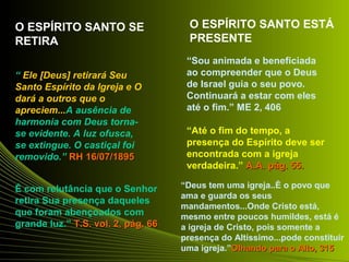 “ Ele [Deus] retirará Seu 
Santo Espírito da Igreja e O 
dará a outros que o 
apreciem...A ausência de 
harmonia com Deus torna-se 
evidente. A luz ofusca, 
se extingue. O castiçal foi 
removido.” RRHH 1166//0077//11889955 
É com relutância que o Senhor 
retira Sua presença daqueles 
que foram abençoados com 
grande luz.” TT..SS.. vvooll.. 22,, ppáágg.. 6666 
“Sou animada e beneficiada 
ao compreender que o Deus 
de Israel guia o seu povo. 
Continuará a estar com eles 
até o fim.” ME 2, 406 
“Até o fim do tempo, a 
presença do Espírito deve ser 
encontrada com a igreja 
verdadeira.” AA..AA.. ppáágg.. 5555.. 
“Deus tem uma igreja..È o povo que 
ama e guarda os seus 
mandamentos...Onde Cristo está, 
mesmo entre poucos humildes, está é 
a igreja de Cristo, pois somente a 
presença do Altíssimo...pode constituir 
uma igreja.”OOllhhaannddoo ppaarraa oo AAllttoo,, 331155 
O ESPÍRITO SANTO SE 
RETIRA 
O ESPÍRITO SANTO ESTÁ 
PRESENTE 
 