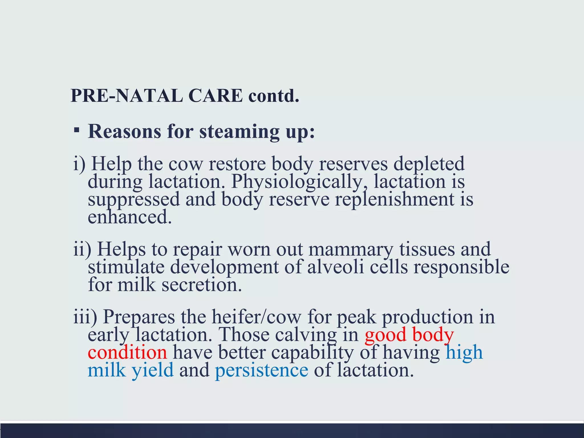 PRE-NATAL CARE contd.
▪ Reasons for steaming up:
i) Help the cow restore body reserves depleted
during lactation. Physiologically, lactation is
suppressed and body reserve replenishment is
enhanced.
ii) Helps to repair worn out mammary tissues and
stimulate development of alveoli cells responsible
for milk secretion.
iii) Prepares the heifer/cow for peak production in
early lactation. Those calving in good body
condition have better capability of having high
milk yield and persistence of lactation.
 