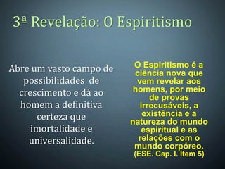 Abre um vasto campo de
possibilidades de
crescimento e dá ao
homem a definitiva
certeza que
imortalidade e
universalidade.
3ª Revelação: O Espiritismo
O Espiritismo é a
ciência nova que
vem revelar aos
homens, por meio
de provas
irrecusáveis, a
existência e a
natureza do mundo
espiritual e as
relações com o
mundo corpóreo.
(ESE. Cap. I. Item 5)
 