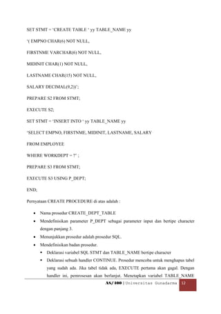SET STMT = ‘CREATE TABLE ‘ yy TABLE_NAME yy

‘( EMPNO CHAR(6) NOT NULL,

FIRSTNME VARCHAR(6) NOT NULL,

MIDINIT CHAR(1) NOT NULL,

LASTNAME CHAR(15) NOT NULL,

SALARY DECIMAL(9,2))’;

PREPARE S2 FROM STMT;

EXECUTE S2;

SET STMT = ‘INSERT INTO ‘ yy TABLE_NAME yy

‘SELECT EMPNO, FIRSTNME, MIDINIT, LASTNAME, SALARY

FROM EMPLOYEE

WHERE WORKDEPT = ?’ ;

PREPARE S3 FROM STMT;

EXECUTE S3 USING P_DEPT;

END;

Pernyataan CREATE PROCEDURE di atas adalah :

    •   Nama prosedur CREATE_DEPT_TABLE
    •   Mendefinisikan parameter P_DEPT sebagai parameter input dan bertipe character
        dengan panjang 3.
    •   Menunjukkan prosedur adalah prosedur SQL.
    •   Mendefinisikan badan prosedur.
           Deklarasi variabel SQL STMT dan TABLE_NAME bertipe character
           Deklarasi sebuah handler CONTINUE. Prosedur mencoba untuk menghapus tabel
           yang sudah ada. Jika tabel tidak ada, EXECUTE pertama akan gagal. Dengan
           handler ini, pemrosesan akan berlanjut. Menetapkan variabel TABLE_NAME
                                         AS/400 | Universitas Gunadarma  12 

 
 