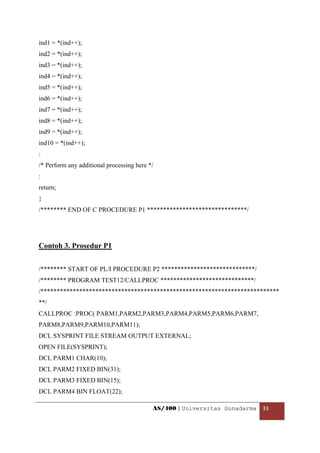 ind1 = *(ind++);
ind2 = *(ind++);
ind3 = *(ind++);
ind4 = *(ind++);
ind5 = *(ind++);
ind6 = *(ind++);
ind7 = *(ind++);
ind8 = *(ind++);
ind9 = *(ind++);
ind10 = *(ind++);
:
/* Perform any additional processing here */
:
return;
}
/******** END OF C PROCEDURE P1 *******************************/




Contoh 3. Prosedur P1


/******** START OF PL/I PROCEDURE P2 *****************************/
/******** PROGRAM TEST12/CALLPROC *****************************/
/**************************************************************************
**/
CALLPROC :PROC( PARM1,PARM2,PARM3,PARM4,PARM5,PARM6,PARM7,
PARM8,PARM9,PARM10,PARM11);
DCL SYSPRINT FILE STREAM OUTPUT EXTERNAL;
OPEN FILE(SYSPRINT);
DCL PARM1 CHAR(10);
DCL PARM2 FIXED BIN(31);
DCL PARM3 FIXED BIN(15);
DCL PARM4 BIN FLOAT(22);

                                           AS/400 | Universitas Gunadarma  33 

 
 