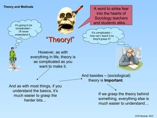 Theory and Methods

It’s going to be
complicated –
I’ll never
understand it…

A word to strike fear
into the hearts of
Sociology teachers
and students alike…

“Theory!”

It’s complicated –
how can I teach it so
they’ll grasp it?

However, as with
everything in life, theory is
as complicated as you
want to make it.
And besides – (sociological)
theory is Important.
Important
And as with most things, if you
understand the basics, it’s
much easier to grasp the
harder bits…

If we grasp the theory behind
something, everything else is
much easier to understand…
OCR Module: 2537

 