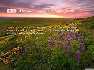 1ª Lei   “A pessoa que vem é a pessoa certa”.




Significa que ninguém está em nossa vida por acaso. Todas as pessoas ao
nosso redor estão interagindo conosco. Há sempre algo que nos faz
aprender e avançar em cada situação.
 