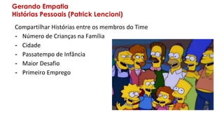 Gerando Empatia
Histórias Pessoais (Patrick Lencioni)
Compartilhar Histórias entre os membros do Time
- Número de Crianças na Família
- Cidade
- Passatempo de Infância
- Maior Desafio
- Primeiro Emprego
 