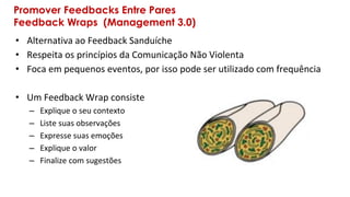 Promover Feedbacks Entre Pares
Feedback Wraps (Management 3.0)
• Alternativa ao Feedback Sanduíche
• Respeita os princípios da Comunicação Não Violenta
• Foca em pequenos eventos, por isso pode ser utilizado com frequência
• Um Feedback Wrap consiste
– Explique o seu contexto
– Liste suas observações
– Expresse suas emoções
– Explique o valor
– Finalize com sugestões
 