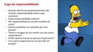 Fuga de responsabilidade
- Quando não temos comprometimento não
teremos responsabilidade sobre o que
acontecer.
- Existe responsabilidade coletiva?
- Nos responsabilizamos um pelo trabalho do
outro?
- Existem problemas só resolvidos por uma
pessoa?
- Temos a coragem de nos manter uns aos outros
responsáveis?
- O líder deveria manter as pessoas responsáveis?
- Vc se sente responśavel ou faz para não ser
punido?
 