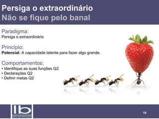 Persiga o extraordinário
Não se fique pelo banal
Paradigma:
Persiga o extraordinário

Princípio:
Potencial: A capacidade latente para fazer algo grande.

Comportamentos:
• Identifique as suas funções Q2
• Declarações Q2
• Definir metas Q2




                                                          10
 