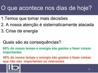 O que acontece nos dias de hoje?
1.Temos que tomar mais decisões
2. A nossa atenção é sistematicamente atacada
3. Crise de energia

Quais são as consequências?
60% do nosso tempo e energia são gastos a fazer coisas
importantes
40% do nosso tempo e energia são gastos a fazer coisas
que não são importantes ou relevantes

                                                    3
 