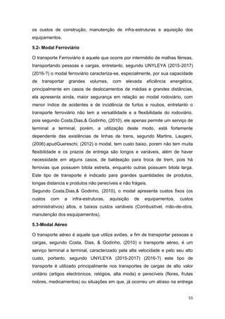 55
os custos de construção, manutenção de infra-estruturas e aquisição dos
equipamentos.
5.2- Modal Ferroviário
O transporte Ferroviário é aquele que ocorre por intermédio de malhas férreas,
transportando pessoas e cargas, entretanto, segundo UNYLEYA (2015-2017)
(2016-?) o modal ferroviário caracteriza-se, especialmente, por sua capacidade
de transportar grandes volumes, com elevada eficiência energética,
principalmente em casos de deslocamentos de médias e grandes distâncias,
ela apresenta ainda, maior segurança em relação ao modal rodoviário, com
menor índice de acidentes e de incidência de furtos e roubos, entretanto o
transporte ferroviário não tem a versatilidade e a flexibilidade do rodoviário,
pois segundo Costa,Dias,& Godinho, (2010), ele apenas permite um serviço de
terminal a terminal, porém, a utilização deste modo, está fortemente
dependente das existências de linhas de trens, segundo Martins, Laugeni,
(2006).apudGuereschi, (2012) o modal, tem custo baixo, porem não tem muita
flexibilidade e os prazos de entrega são longos e variáveis, além de haver
necessidade em alguns casos, de baldeação para troca de trem, pois há
ferrovias que possuem bitola estreita, enquanto outras possuem bitola larga.
Este tipo de transporte é indicado para grandes quantidades de produtos,
longas distancia e produtos não perecíveis e não frágeis.
Segundo Costa,Dias,& Godinho, (2010), o modal apresenta custos fixos (os
custos com a infra-estruturas, aquisição de equipamentos, custos
administrativos) altos, e baixos custos variáveis (Combustível, mão-de-obra,
manutenção dos esquipamentos).
5.3-Modal Aéreo
O transporte aéreo é aquele que utiliza aviões, a fim de transportar pessoas e
cargas, segundo Costa, Dias, & Godinho, (2010) o transporte aéreo, é um
serviço terminal a terminal, caracterizado pela alta velocidade e pelo seu alto
custo, portanto, segundo UNYLEYA (2015-2017) (2016-?) este tipo de
transporte é utilizado principalmente nos transportes de cargas de alto valor
unitário (artigos electrónicos, relógios, alta moda) e perecíveis (flores, frutas
nobres, medicamentos) ou situações em que, já ocorreu um atraso na entrega
 