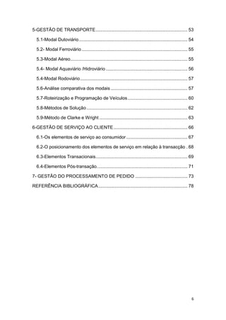 6
5-GESTÃO DE TRANSPORTE........................................................................ 53
5.1-Modal Dutoviário..................................................................................... 54
5.2- Modal Ferroviário................................................................................... 55
5.3-Modal Aéreo............................................................................................ 55
5.4- Modal Aquaviário /Hidroviário ................................................................ 56
5.4-Modal Rodoviário.................................................................................... 57
5.6-Análise comparativa dos modais ............................................................ 57
5.7-Roteirização e Programação de Veículos............................................... 60
5.8-Métodos de Solução ............................................................................... 62
5.9-Método de Clarke e Wright ..................................................................... 63
6-GESTÃO DE SERVIÇO AO CLIENTE.......................................................... 66
6.1-Os elementos de serviço ao consumidor ................................................ 67
6.2-O posicionamento dos elementos de serviço em relação à transacção . 68
6.3-Elementos Transacionais........................................................................ 69
6.4-Elementos Pós-transação....................................................................... 71
7- GESTÃO DO PROCESSAMENTO DE PEDIDO ......................................... 73
REFERÊNCIA BIBLIOGRÁFICA...................................................................... 78
 