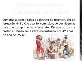 Cumpriu-se com a saída do decreto de reconstrução de
Jerusalém 445 a.C, o qual foi comissionado por Neemias
para dar cumprimento a esse ato. De acordo com a
profecia Jerusalém estava reconstruída em 49 anos.
No ano de 397 a.C
O Primeiro Grupo:
7 Semanas ou 49 anos
 