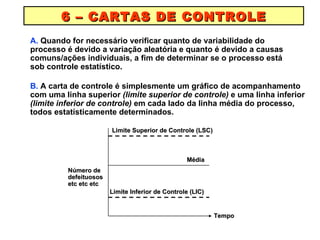 A.  Quando for necessário verificar quanto de variabilidade do processo é devido a variação aleatória e quanto é devido a causas comuns/ações individuais, a fim de determinar se o processo está sob controle estatístico. B.  A carta de controle é simplesmente um gráfico de acompanhamento com uma linha superior  (limite superior de controle)  e uma linha inferior  (limite inferior de controle)  em cada lado da linha média do processo, todos estatísticamente determinados. 6 – CARTAS DE CONTROLE  Limite Superior de Controle (LSC) Limite Inferior de Controle (LIC) Média Número de defeituosos etc etc etc Tempo 