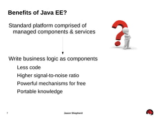 Key features – Lightweight Container  Fast startup, < 3 sec Lazy loading of services Simplified Classloading Deploys isolated from container User focused configuration A single configuration file Manage multiple instances at once Domain mode Smaller memory footprint Cloud readiness 