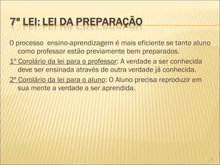 0 processo ensino-aprendizagem é mais eficiente se tanto aluno
como professor estão previamente bem preparados.
1º Corolário da lei para o professor: A verdade a ser conhecida
deve ser ensinada através de outra verdade já conhecida.
2º Corolário da lei para o aluno: O Aluno precisa reproduzir em
sua mente a verdade a ser aprendida.

27

 
