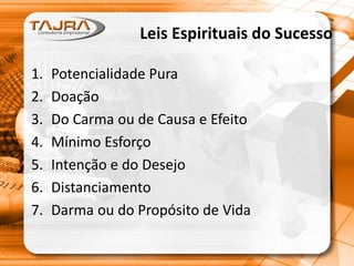 Leis Espirituais do Sucesso
1. Potencialidade Pura
2. Doação
3. Do Carma ou de Causa e Efeito
4. Mínimo Esforço
5. Intenção e do Desejo
6. Distanciamento
7. Darma ou do Propósito de Vida
 