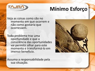 Mínimo Esforço
Veja as coisas como são no
momento em que ocorrem e
não como gostaria que
ocorressem.
Todo problema traz uma
oportunidade e que a
consciência das oportunidades
vai permitir olhar para este
momento e transformá-lo em
imenso benefício.
Assuma a responsabilidade pela
sua situação.
 
