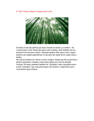 6° lição: Cresce sempre e sempre para o alto
O bambu é uma das plantas que mais crescem no mundo, e o melhor – Só
crescem para o alto. Pense que assim como o bambu, você também tem um
potencial incrível para crescer. Devemos sempre olhar para o alto e seguir
adiante com nossas experiências. O céu deve ser nosso limite, assim como o
bambu.
Na vida precisamos ter metas e evoluir sempre, mesmo que não se perceba o
próprio progresso. O bambu cresce mais rápido em torno da estação
chuvosa. Às vezes, podemos também ter “estações” onde crescemos mais e
outras “estações”, que crescemos menos. No entanto, é importante que o
crescimento seja contínuo.
 