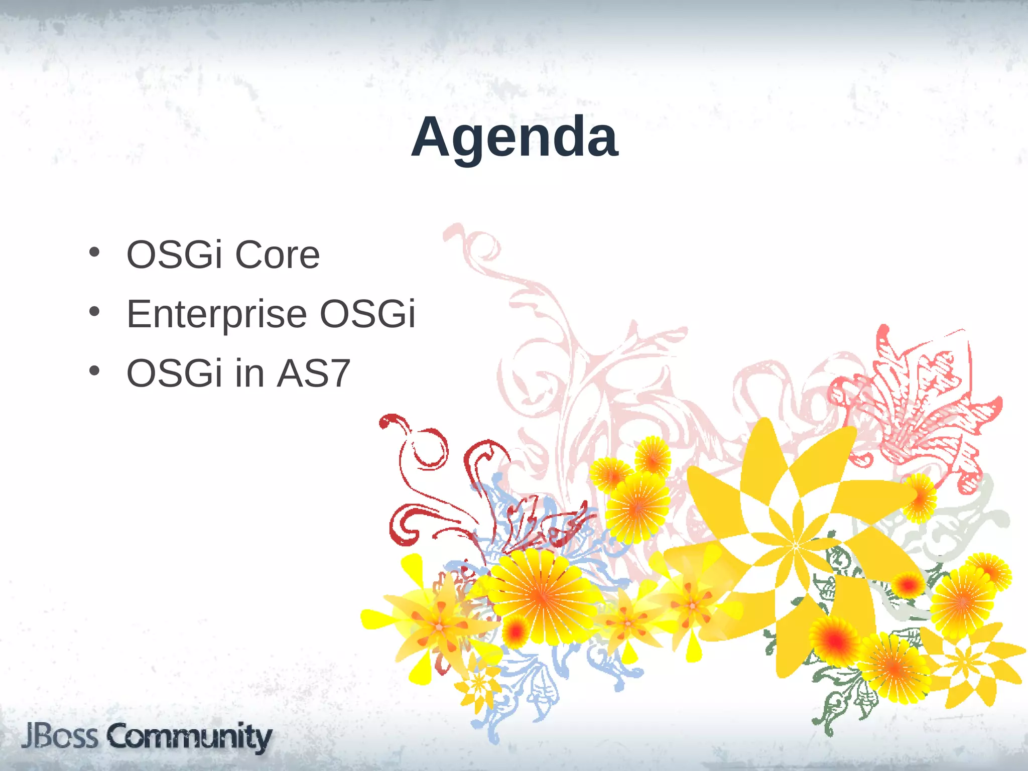 Agenda
• OSGi Core
• Enterprise OSGi
• OSGi in AS7
 