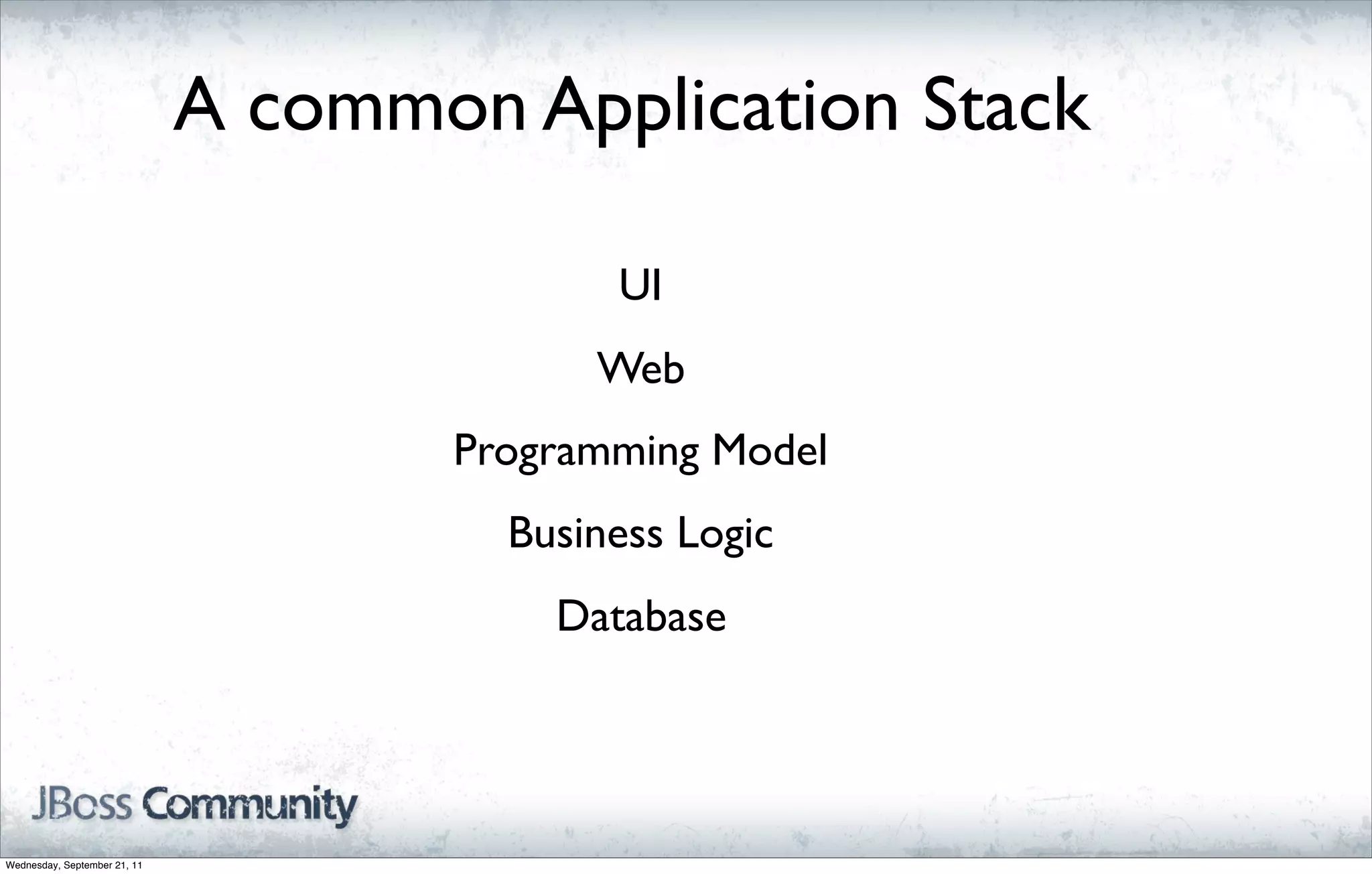 A common Application Stack

                                            UI
                                           Web
                                     Programming Model
                                       Business Logic
                                         Database




Wednesday, September 21, 11
 