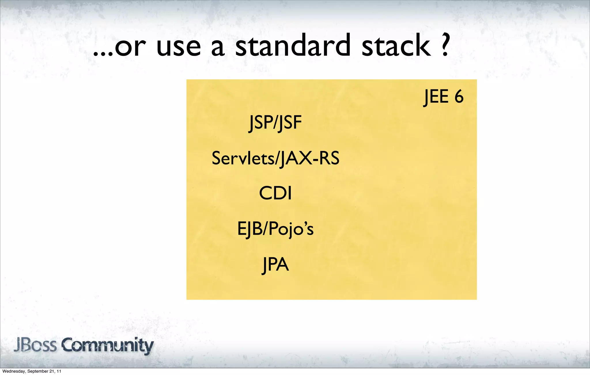 ...or use a standard stack ?
                                                         JEE 6
                                           JSP/JSF
                                       Servlets/JAX-RS
                                            CDI
                                         EJB/Pojo’s
                                            JPA




Wednesday, September 21, 11
 