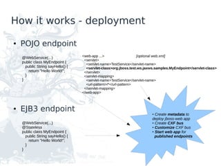 How it works - deployment

●   POJO endpoint
    @WebService(...)               <web-app ...>                   [optional web.xml]
                                    <servlet>
    public class MyEndpoint {        <servlet-name>TestService</servlet-name>
      public String sayHello() {     <servlet-class>org.jboss.test.ws.jaxws.samples.MyEndpoint</servlet-class>
        return "Hello World!";      </servlet>
      }                             <servlet-mapping>
    }                                <servlet-name>TestService</servlet-name>
                                     <url-pattern>/*</url-pattern>
                                    </servlet-mapping>
                                   </web-app>



●   EJB3 endpoint                                                         ● Create metadata to
                                                                          deploy jboss-web app
    @WebService(...)                                                      ● Create CXF bus

    @Stateless                                                            ● Customize CXF bus

    public class MyEndpoint {                                             ● Start web app for

      public String sayHello() {                                            published endpoints
        return "Hello World!";
      }
    }
 