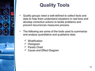 12
• Quality groups need a well-defined to collect facts and
data to help them understand situations in real time and
develop corrective actions to tackle problems and
prevent recurrences measures process.
• The following are some of the tools used to summarize
and analyze quantitative and qualitative data.
 Stratification
 Histogram
 Pareto Chart
 Cause and Effect Diagram
 