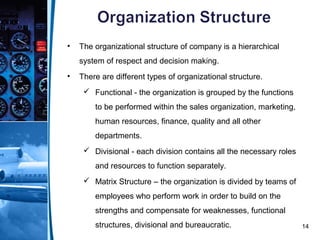 14
• The organizational structure of company is a hierarchical
system of respect and decision making.
• There are different types of organizational structure.
 Functional - the organization is grouped by the functions
to be performed within the sales organization, marketing,
human resources, finance, quality and all other
departments.
 Divisional - each division contains all the necessary roles
and resources to function separately.
 Matrix Structure – the organization is divided by teams of
employees who perform work in order to build on the
strengths and compensate for weaknesses, functional
structures, divisional and bureaucratic.
 