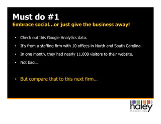 Must do #1
Embrace social…or just give the business away!
• Here is a firm in the same markets…with half the number of off...