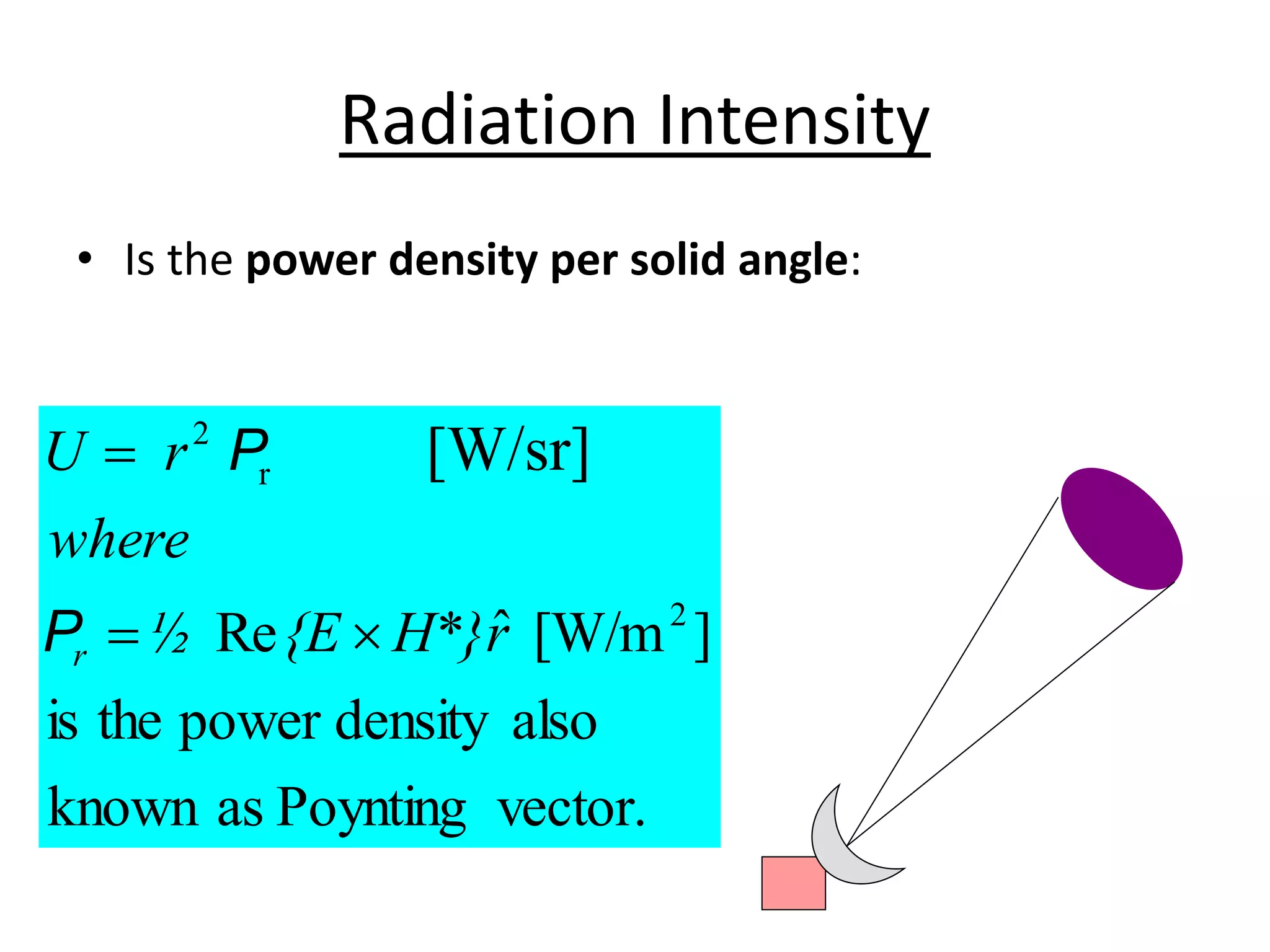 Radiation Intensity
• Is the power density per solid angle:
vector.
Poynting
as
known
also
density
power
the
is
]
[W/m
ˆ
Re 2
r
2
r
H*}
{E
½
where
r
U
r 


P
P [W/sr]
 