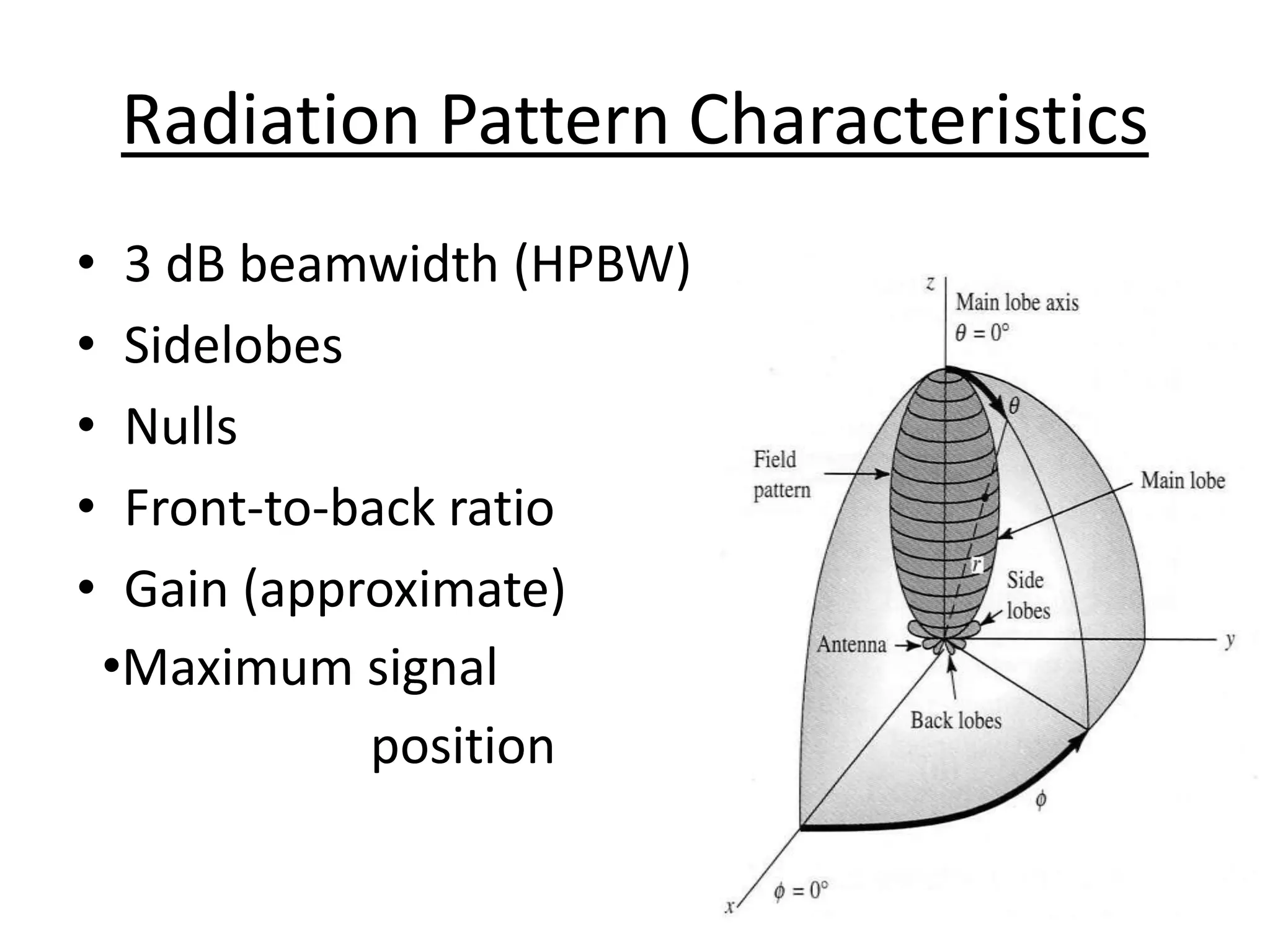 16
Radiation Pattern Characteristics
• 3 dB beamwidth (HPBW)
• Sidelobes
• Nulls
• Front-to-back ratio
• Gain (approximate)
•Maximum signal
position
 