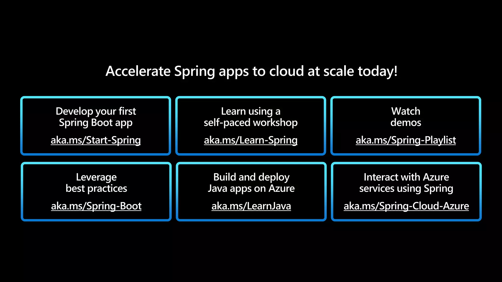 aka.ms/Start-Spring aka.ms/Learn-Spring aka.ms/Spring-Playlist
aka.ms/Spring-Boot aka.ms/LearnJava aka.ms/Spring-Cloud-Azure
 