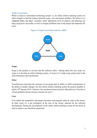 7
Triple Constraints:
When it comes to information technology project i.e. an online airlines ticketing system we
often struggle to find the balance betweeb scope, cost and project deadline. We believe in a
“measure twice, cut once” mentality where appropriate level of analysis and planning can
help a project be successful, as well as mitigate problems later in the project development life
cycle.
Figure 4 Triple Constraints (advncs, 2009)
Scope:
Scope is the product or services that the software offers. Talking about this case study our
scope is to develop an online ticketing system, of course it‟s a high scope project due to the
critical business task it performed.
Time:
Time/Resource describes the structure of our group and its ability to fulfil commitments or
the ability to handle changes. For this online airlines ticketing system the project deadline is
before 10th
January 2014. Likewise, the maximum human resource allocated was 5 but due to
critical problems human resource remains are just 3.
Cost:
Cost reflects the competitive advantage of product and marginal utility & value to the clients.
In other word, it‟s a pre estimation of the sum of the money required for the software
development. During the development of the online airline ticketing system all the direct as
well as indirect cost should be mentioned.
 