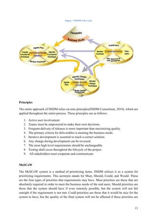 11
Figure 7 DSDM Life Cycle
Principles
The entire approach of DSDM relies on nine principles(DSDM Consortium, 2010), which are
applied throughout the entire process. These principles are as follows:
1. Active user involvement
2. Teams must be empowered to make their own decisions.
3. Frequent delivery of releases is more important than maximizing quality.
4. The primary criteria for deliverables is meeting the business needs.
5. Iterative development is essential to reach a correct solution.
6. Any change during development can be reversed.
7. The most high level requirements should be unchangeable.
8. Testing shall occur throughout the lifecycle of the project.
9. All stakeholders must cooperate and communicate.
MoSCoW
The MoSCoW system is a method of prioritizing items. DSDM utilizes it as a system for
prioritizing requirements. This acronym stands for Must, Should, Could, and Would. These
are the four types of priorities that requirements may have. Must priorities are those that are
absolutely required in order to meet the business needs of the end users. Should priorities are
those that the system should have if even remotely possible, but the system will not fail
outright if the requirement is not met. Could priorities are those that it would be nice for the
system to have, but the quality of the final system will not be affected if these priorities are
 