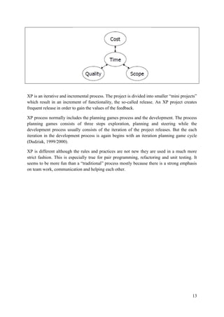 13
XP is an iterative and incremental process. The project is divided into smaller “mini projects”
which result in an increment of functionality, the so-called release. An XP project creates
frequent release in order to gain the values of the feedback.
XP process normally includes the planning games process and the development. The process
planning games consists of three steps exploration, planning and steering while the
development process usually consists of the iteration of the project releases. But the each
iteration in the development process is again begins with an iteration planning game cycle
(Dudziak, 1999/2000).
XP is different although the rules and practices are not new they are used in a much more
strict fashion. This is especially true for pair programming, refactoring and unit testing. It
seems to be more fun than a “traditional” process mostly because there is a strong emphasis
on team work, communication and helping each other.
 