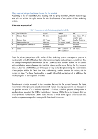 14
Most appropriate methodology chosen for the project
According to the 6th
December 2013 meeting with the group members, DSDM methodology
was selected within the agile nature for the development of the online airlines ticketing
system.
Why most appropriate?
Table 7 Comparison of Agile Methodologies(AgileOnly, 2012)
S.N: Characteristic Scrum DSDM XP
1 Project Team All sizes Independent
Team
Less than 20 or
smaller team
2 Project Size All Types All Types Smaller Projects
3 Communication Informal Document based Informal
4 Development Approach Iterative
increments
Iterative Iterative
increments
5 Time 2-4 weeks 80% solution in
20% total time
1-6 weeks
From the above comparison table, online airlines ticketing system development process is
most suitable with DSDM rather than other mentioned agile methodologies. Apart from this,
the change management environment of the DSDM is most suitable aspect for the online
airlines ticketing system because the invisible change might occur during the development
phase. Likewise, DSDM MosCow technique is very useful for prioritizing the requirements
of the project within the fixed time box. Additionally, DSDM ensures the delivery of the
project on time. The basic functionality is quickly identified and delivered. In addition, the
results/progress of development is visible.
Requirement priority approach is the important factors for the project because the basic
requirement of the project is already mentioned. Hence, missing requirement can be adjust in
the project because it‟s a iterative approach. Likewise, efficient project management is
another strong aspect of the DSDM methodology because DSDM focus on frequent delivery
of the products. Furthermore, DSDM make possible to break down aspects of the system into
smaller components to produce manageable functional increments.
 
