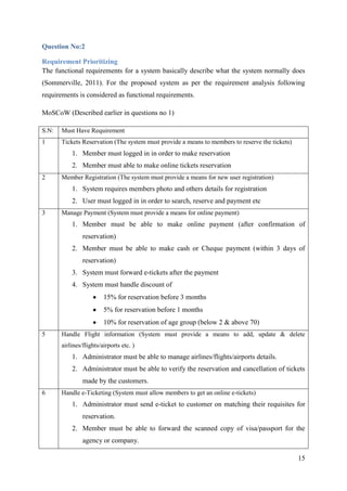 15
Question No:2
Requirement Prioritizing
The functional requirements for a system basically describe what the system normally does
(Sommerville, 2011). For the proposed system as per the requirement analysis following
requirements is considered as functional requirements.
MoSCoW (Described earlier in questions no 1)
S.N: Must Have Requirement
1 Tickets Reservation (The system must provide a means to members to reserve the tickets)
1. Member must logged in in order to make reservation
2. Member must able to make online tickets reservation
2 Member Registration (The system must provide a means for new user registration)
1. System requires members photo and others details for registration
2. User must logged in in order to search, reserve and payment etc
3 Manage Payment (System must provide a means for online payment)
1. Member must be able to make online payment (after confirmation of
reservation)
2. Member must be able to make cash or Cheque payment (within 3 days of
reservation)
3. System must forward e-tickets after the payment
4. System must handle discount of
15% for reservation before 3 months
5% for reservation before 1 months
10% for reservation of age group (below 2 & above 70)
5 Handle Flight information (System must provide a means to add, update & delete
airlines/flights/airports etc. )
1. Administrator must be able to manage airlines/flights/airports details.
2. Administrator must be able to verify the reservation and cancellation of tickets
made by the customers.
6 Handle e-Ticketing (System must allow members to get an online e-tickets)
1. Administrator must send e-ticket to customer on matching their requisites for
reservation.
2. Member must be able to forward the scanned copy of visa/passport for the
agency or company.
 