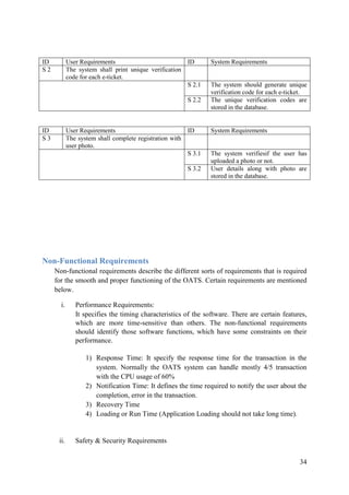 34
ID User Requirements ID System Requirements
S 2 The system shall print unique verification
code for each e-ticket.
S 2.1 The system should generate unique
verification code for each e-ticket.
S 2.2 The unique verification codes are
stored in the database.
ID User Requirements ID System Requirements
S 3 The system shall complete registration with
user photo.
S 3.1 The system verifiesif the user has
uploaded a photo or not.
S 3.2 User details along with photo are
stored in the database.
Non-Functional Requirements
Non-functional requirements describe the different sorts of requirements that is required
for the smooth and proper functioning of the OATS. Certain requirements are mentioned
below.
i. Performance Requirements:
It specifies the timing characteristics of the software. There are certain features,
which are more time-sensitive than others. The non-functional requirements
should identify those software functions, which have some constraints on their
performance.
1) Response Time: It specify the response time for the transaction in the
system. Normally the OATS system can handle mostly 4/5 transaction
with the CPU usage of 60%
2) Notification Time: It defines the time required to notify the user about the
completion, error in the transaction.
3) Recovery Time
4) Loading or Run Time (Application Loading should not take long time).
ii. Safety & Security Requirements
 