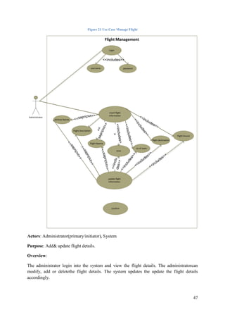 47
Figure 21 Use Case Manage Flight
Flight Management
Login
<<includes>>
Administrator
username password
insert flight
information
Airlines Names
no of seats
flight destination
Flight Source
Flight Description
Flight Naame
time
update flight
information
<<includes>>
<<includes>>
<<includes>
>
<<includes>>
<<includes>>
<<includes>>
<<includes>>
<<includes>>
<<includes>>
<<includes>>
<<includes>>
<<includes>>
<<includes>>
Confirm
Actors: Administrator(primary/initiator), System
Purpose: Add& update flight details.
Overview:
The administrator login into the system and view the flight details. The administratorcan
modify, add or deletethe flight details. The system updates the update the flight details
accordingly.
 