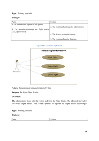 48
Type: Primary, essential
Dialogue
Actor System
1 The administrator login in to the system.
3. The administratormanage the flight details
(add, update tasks).
2. The system authenticates the administrator.
4. The System verifies the change.
5. The system updates the database.
Figure 22 Use Case Delete Flight Details
Delete Flight Information
View Flight
Select Flight
Delete flight
Administrator
Actors: Administrator(primary/initiator), System
Purpose: To delete flight details.
Overview:
The administrator login into the system and view the flight details. The administratorcselect
the delete flight details. The system updates the update the flight details accordingly.
Type: Primary, essential
Dialogue
Actor System
 