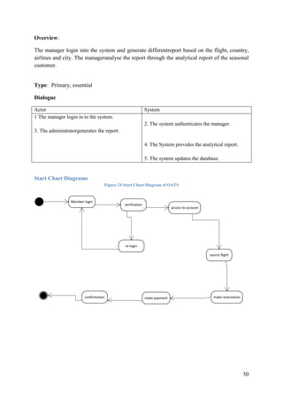 50
Overview:
The manager login into the system and generate differentreport based on the flight, country,
airlines and city. The manageranalyse the report through the analytical report of the seasonal
customer.
Type: Primary, essential
Dialogue
Actor System
1 The manager login in to the system.
3. The administratorgenerates the report.
2. The system authenticates the manager.
4. The System provides the analytical report.
5. The system updates the database.
Start Chart Diagrams
Figure 24 Start Chart Diagram of OATS
Member login
verification
access to account
re-login
search flight
make reservationmake paymentconfirmation
 