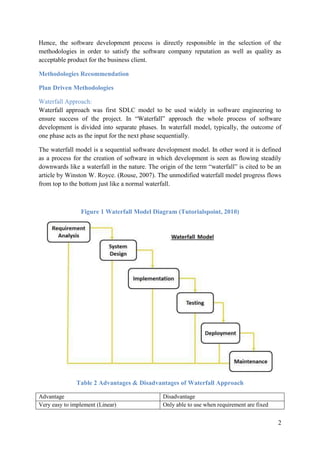 2
Hence, the software development process is directly responsible in the selection of the
methodologies in order to satisfy the software company reputation as well as quality as
acceptable product for the business client.
Methodologies Recommendation
Plan Driven Methodologies
Waterfall Approach:
Waterfall approach was first SDLC model to be used widely in software engineering to
ensure success of the project. In “Waterfall” approach the whole process of software
development is divided into separate phases. In waterfall model, typically, the outcome of
one phase acts as the input for the next phase sequentially.
The waterfall model is a sequential software development model. In other word it is defined
as a process for the creation of software in which development is seen as flowing steadily
downwards like a waterfall in the nature. The origin of the term “waterfall” is cited to be an
article by Winston W. Royce. (Rouse, 2007). The unmodified waterfall model progress flows
from top to the bottom just like a normal waterfall.
Figure 1 Waterfall Model Diagram (Tutorialspoint, 2010)
Table 2 Advantages & Disadvantages of Waterfall Approach
Advantage Disadvantage
Very easy to implement (Linear) Only able to use when requirement are fixed
 