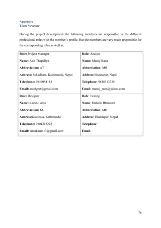 76
Appendix
Team Structure
During the project development the following members are responsible in the different
professional roles with the member‟s profile. But the members are very much responsible for
the corresponding roles as well as.
Role: Project Manager
Name: Anit Thapaliya
Abbreviation: AT
Address: Sukedhara, Kathmandu, Nepal
Telephone: 9849054113
Email: anitdgret@gmail.com
Role: Analyst
Name: Manoj Rana
Abbreviation: MR
Address:Bhaktapur, Nepal
Telephone: 9818313739
Email: manoj_rana@yahoo.com
Role: Designer
Name: Karun Lama
Abbreviation: KL
Address:Gaushala, Kathmandu
Telephone: 9801213225
Email: lamakarun17@gmail.com
Role: Testing
Name: Mahesh Bhandari
Abbreviation: MD
Address: Bhaktapur, Nepal
Telephone:
Email:
 