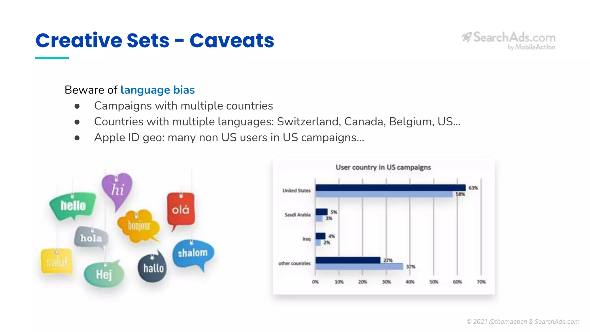 Creative Sets - Caveats
Beware of language bias
● Campaigns with multiple countries
● Countries with multiple languages: Switzerland, Canada, Belgium, US…
● Apple ID geo: many non US users in US campaigns...
© 2021 @thomasbcn & SearchAds.com
 