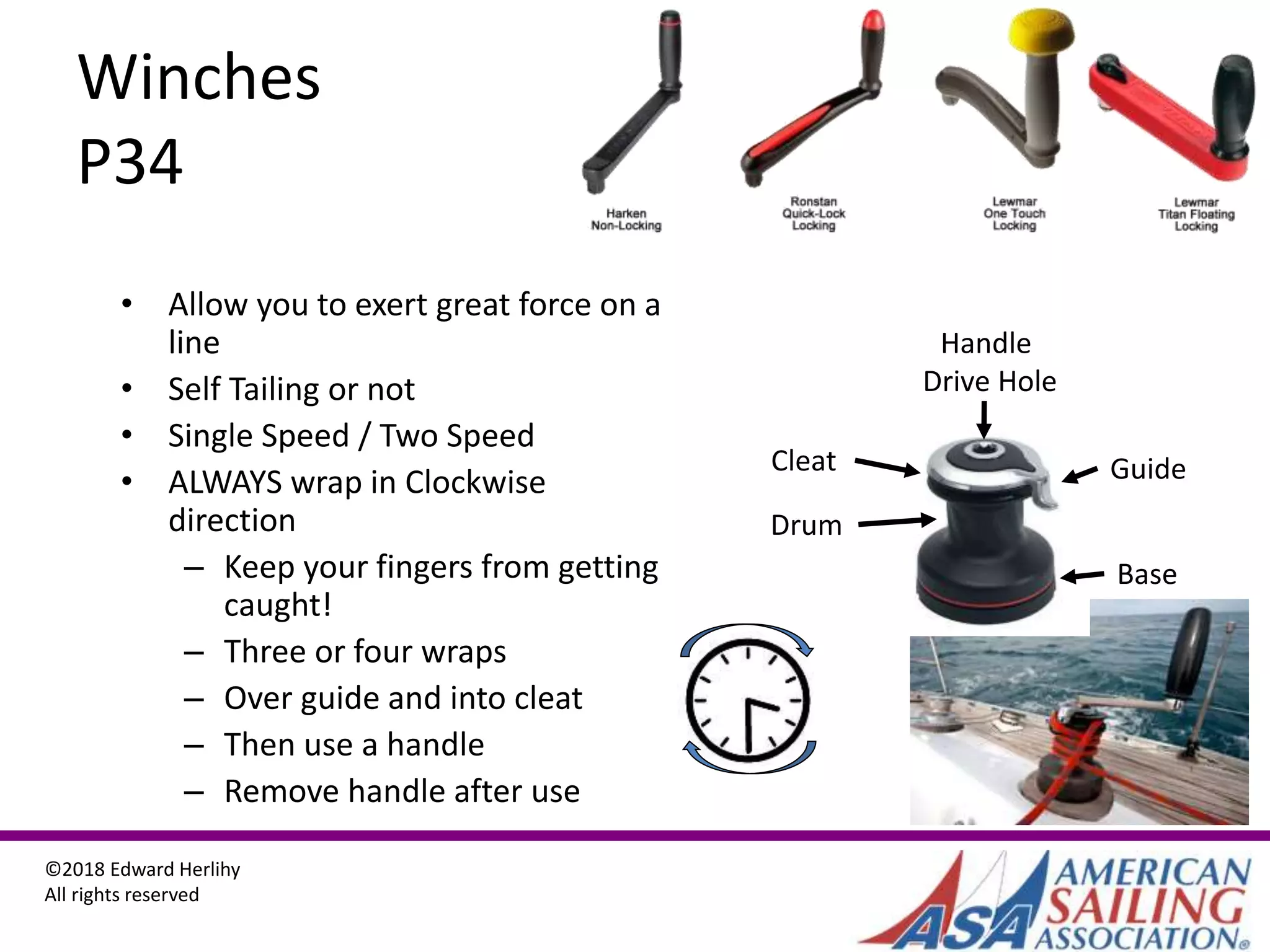 ©2018 Edward Herlihy
All rights reserved
Winches
P34
• Allow you to exert great force on a
line
• Self Tailing or not
• Single Speed / Two Speed
• ALWAYS wrap in Clockwise
direction
– Keep your fingers from getting
caught!
– Three or four wraps
– Over guide and into cleat
– Then use a handle
– Remove handle after use
Drum
Base
GuideCleat
Handle
Drive Hole
 