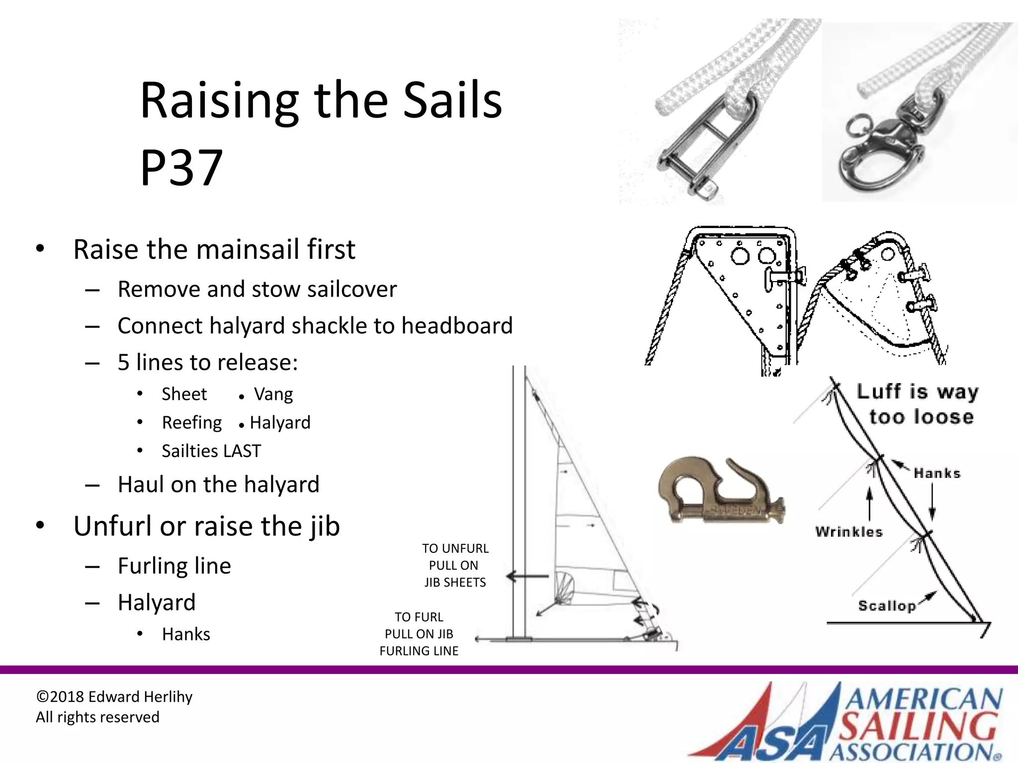 ©2018 Edward Herlihy
All rights reserved
Raising the Sails
P37
• Raise the mainsail first
– Remove and stow sailcover
– Connect halyard shackle to headboard
– 5 lines to release:
• Sheet ● Vang
• Reefing ● Halyard
• Sailties LAST
– Haul on the halyard
• Unfurl or raise the jib
– Furling line
– Halyard
• Hanks
TO UNFURL
PULL ON
JIB SHEETS
TO FURL
PULL ON JIB
FURLING LINE
 
