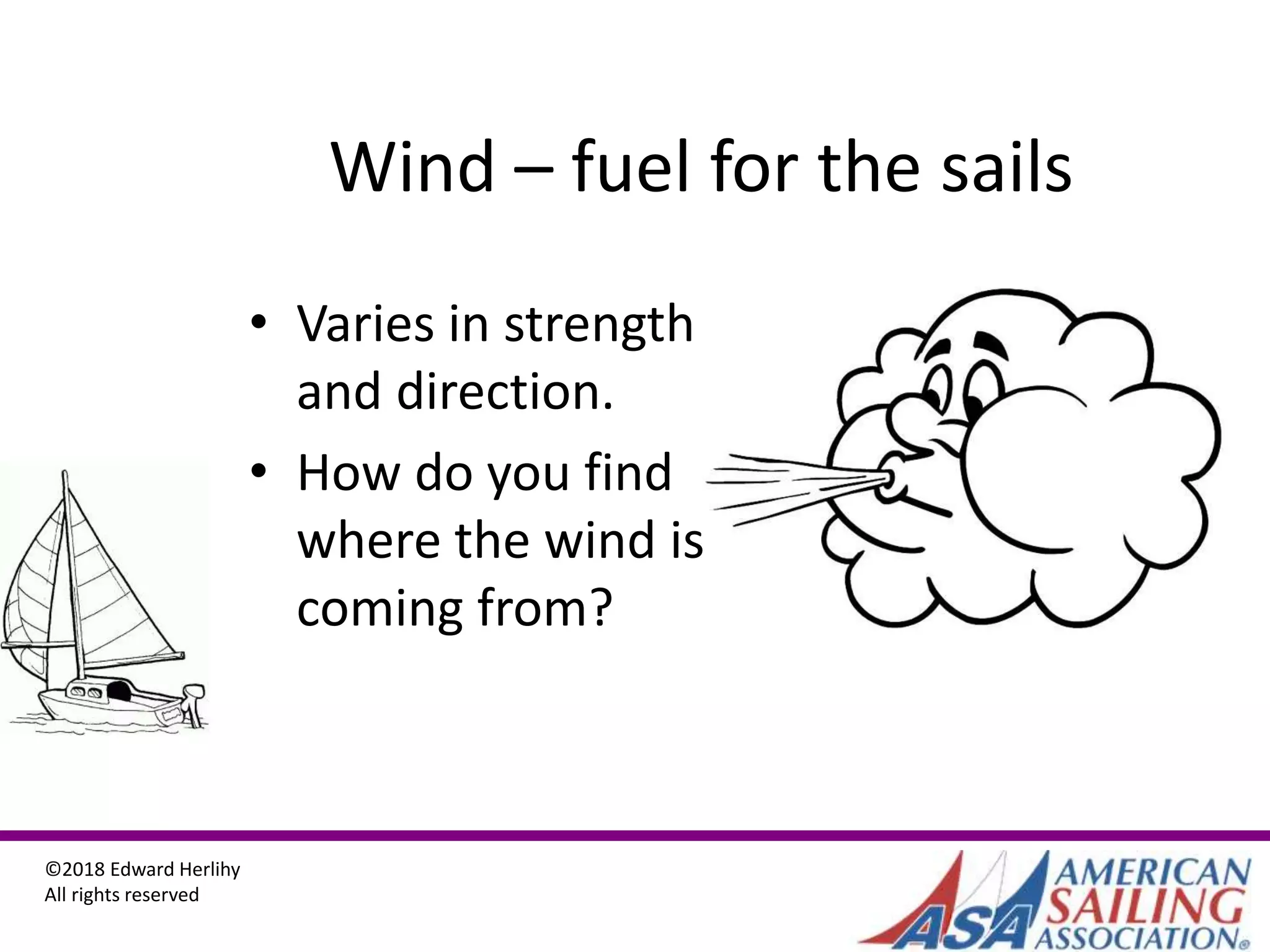 ©2018 Edward Herlihy
All rights reserved
Wind – fuel for the sails
• Varies in strength
and direction.
• How do you find
where the wind is
coming from?
 