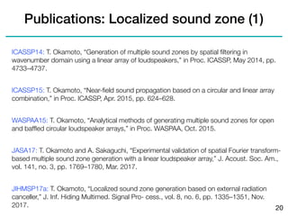 ICASSP14: T. Okamoto, “Generation of multiple sound zones by spatial ﬁltering in
wavenumber domain using a linear array of...